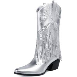 Damen Cowboystiefel mit Fransen Metallic Cowgirl Mid-Calf Boots Sexy Embroidered Chunky Pointed Toe Glitter Boots, silber, 43 EU von CDHYX