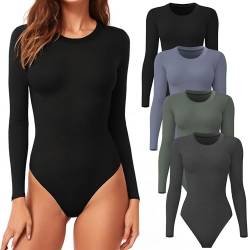 CE' CERDR Damen 4/5er Pack Rundhals Langarm Bodys Basic Stretch Body Suit Top, 4er-Pack: Schwarz, Dunkelgrau, Dunkelblau, Olivgrün, XL von CE' CERDR