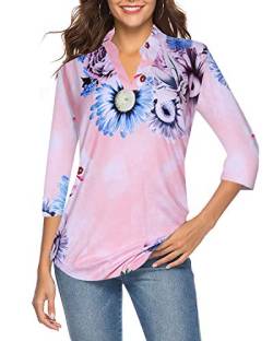 CEASIKERY Damen 3/4 Ärmel Floral V Ausschnitt Tops Casual Tunika Bluse Loose Shirt 008, rose, Medium von CEASIKERY