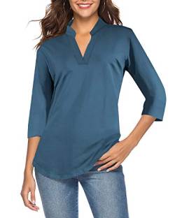 CEASIKERY Damen 3/4 Ärmel V Ausschnitt Tops Casual Tunika Bluse Loose Shirt, blau - peacock blue, Groß von CEASIKERY