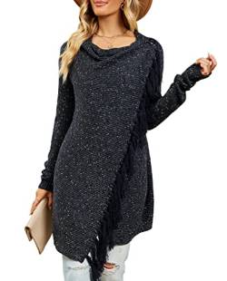 CEASIKERY Damen-Poncho mit Fransen, Pullover, Lange Strickjacke, Strickpullover, Mantel, Navy Blau,L von CEASIKERY