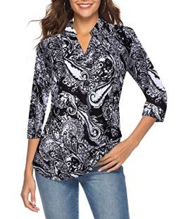 CEASIKERY Damen-Top mit 3/4-Ärmel und V-Ausschnitt, lässige Tunika, lockere Bluse, Shirt, Schwarz 0, Large von CEASIKERY