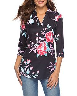 CEASIKERY Damenbluse, 3/4 Ärmel, Blumenmuster, V-Ausschnitt, lässige Tunika, Bluse, lockeres Shirt 001, Floral Black, Large von CEASIKERY