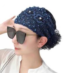 Damen-Kopftuch aus floraler Spitze, mit Perlen besetztes Blumen-Spitzen-Stirnband, Kopftuch, Spitzen-Stirnbänder für Frauen (Blue,one size) von CEAeis