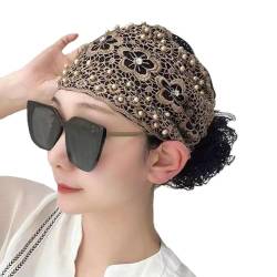 Damen-Kopftuch aus floraler Spitze, mit Perlen besetztes Blumen-Spitzen-Stirnband, Kopftuch, Spitzen-Stirnbänder für Frauen (Gold,one size) von CEAeis