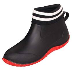 CELANDA Damen Kurze Gummistiefel Herren Regenstiefel Rutschfeste Gartenschuhe Outdoor Wasserdichte Schuhe Ankle Stiefel Chelsea Boots(Schwarz rote gefüttert Größe: 36 EU = Sohlengröße:37) von CELANDA