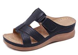 CELANDA Pantoletten Damen Freizeit Plateau Sandalen Sommer Keilabsatz Leder Hausschuhe rutschfeste Strand Bequeme Sandaletten Frauen Vintage Sommerschuhe, Navy blau Größe:42 EU von CELANDA