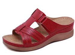 CELANDA Pantoletten Damen Freizeit Plateau Sandalen Sommer Keilabsatz Leder Hausschuhe Rutschfeste Strand Bequeme Sandaletten Frauen Vintage Sommerschuhe, Rot Größe:36 EU von CELANDA