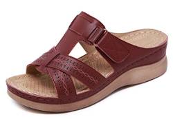 CELANDA Pantoletten Damen Freizeit Plateau Sandalen Sommer Keilabsatz Leder Hausschuhe Rutschfeste Strand Bequeme Sandaletten Frauen Vintage Sommerschuhe, Rotwein Größe:36 EU von CELANDA