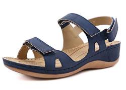 CELANDA Peep Toe Sandalen Damen Knöchelriemchen Sandalen Frauen Flache Lässig Sommer Sandale Outdoor Plateausandalen Blau Gr.38 EU von CELANDA