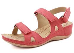 CELANDA Peep Toe Sandalen Damen Knöchelriemchen Sandalen Frauen Flache Lässig Sommer Sandale Outdoor Plateausandalen Rot Gr.43 EU von CELANDA