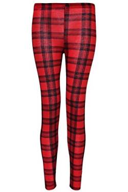 O37 Damen Leggings Kariert Schottenmuster Aufdruck Volle Länge Neu - M/L (40-42), Rot & Schwarz von CELEB LOOK