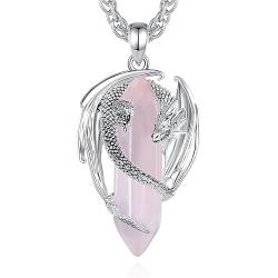 CELESTIA Versilbert Drachen Kette Damen mit Rosenquarz Stein Edelstein Anhänger Heilkristalle Kette Rosa Kristall Halskette Gothic Schmuck Fantasie Geschenke für Frauen Freundin von CELESTIA