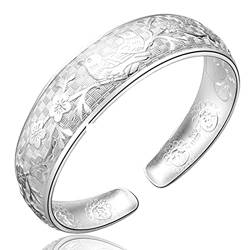 Frauen Verstellbare zarte Mode Manschette Sterling Silber Armreif Kette Armbänder, Frauen 925 Sterling Silber Armband Vintage Blume Vogel Manschette Armreif Hand schnitzen Armband Damen Silber Schmuck von CELIKA