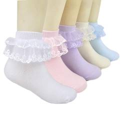 CELLVO 5 Paar Rüschen Socken Mädchen Spitzen Söckchen Weiße Prinzessin Socken Bequeme Baumwoll Socken Ballett Socken Baby Kinder für 1-15 Jahre von CELLVO