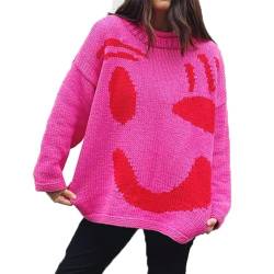 CERAVI Happy Sunday Wohlfühl-Strickpullover, farbenfroher, lockerer Damen-Pullover mit Rundhalsausschnitt, lässige, Bequeme Pullover-Oberteile für Paare (Pink,XL) von CERAVI