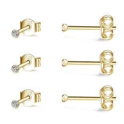 CERSLIMO 3 Paar 2mm Klein Ohrstecker Zirkonia Silber 14K Gold Ohrringe Set für Damen Herren Geschenk von CERSLIMO