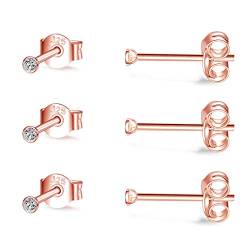 CERSLIMO 3 Paar 2mm Klein Ohrstecker Zirkonia Silber 14K Gold Rosegold Ohrringe Set für Damen Herren Geschenk von CERSLIMO