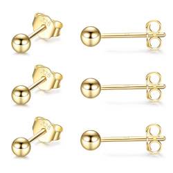 CERSLIMO 3 Paar 3mm 14k Gold Ohrstecker für Damen, 925 Sterlingsilber Klein Roségold 14k Gold Ball Ohrringe Stecker Set für Mädchen Männer Unisex Schlafen Knorpel Schmuck Geschenk von CERSLIMO