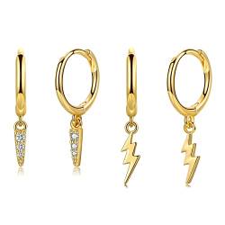 CERSLIMO Creolen Gold mit Klein Anhänger Kegel Blitz Zirkonia Anhänger 2 Paar Ohrringe Vergoldet Huggies Set für Damen Frauen Mädchen von CERSLIMO