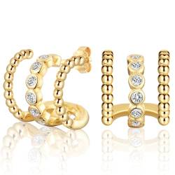 CERSLIMO Goldene Ohrringe Damen Gold Stecker 12mm Silber 925 Vergoldet Kreolen Dicke Zirkonia Bead Perlen Chunky Klobig von CERSLIMO