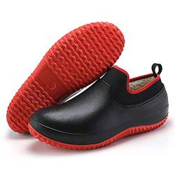 Männer Frauen Erwachsene Gartenschuhe rutschfest Küchenschuhe Kochschuhe Regenstiefel Wasserdicht Arbeitsschuhe Gummischuh Indoor Outdoor Koch Clogs für Küche Büro Schwarz/Rot-Baumwolle 40 von CERYTHRINA