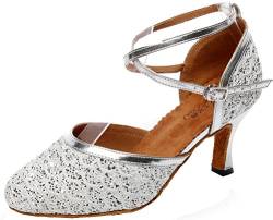 Damen Lateinische Salsa Tango Cha-Cha Party Hochzeit Peep Toe Kätzchen Absatz Satin Professionelle Tanzschuhe, Silber - Silber - Größe: 38 EU von CFP