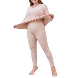 CFlong Thermowäsche Set, DamenThermounterwäsche, Thermo Unterwäsche, Ultra Weich Warm Rundhalsausschnitt Mit Hoher Taille Große Ober- Und Unterteile (Beige,4XL) von CFlong