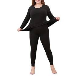 CFlong Thermowäsche Set, DamenThermounterwäsche, Thermo Unterwäsche, Ultra Weich Warm Rundhalsausschnitt Mit Hoher Taille Große Ober- Und Unterteile (Black,3XL) von CFlong