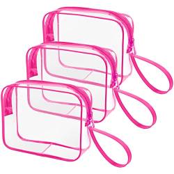 CGBE 3 Stück Kulturbeutel Transparent, Durchsichtige Kosmetiktasche Reise Make-up Tasche, Wasserdicht Kulturtasche Reisebeutel Waschtasche für Damen Herren, Rosarot von CGBE