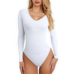 CGGMVCG Bauchkontrolle Body für Frauen Langarm Sexy Gerippte Strickschicht Shirts Slim Fit Basic Body Suit Jumpsuit, Weiss/opulenter Garten, M von CGGMVCG