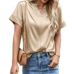 CGGMVCG Damen-Sommer-Top, Frühling, Sommer, kurzärmelig, Seidensatin-Hemd, locker, lässig, Rundhalsausschnitt, Blusen, Z01 Khaki, X-Large von CGGMVCG