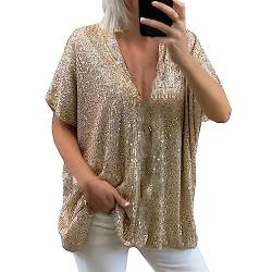 CGGMVCG Damen-Sommer-Tops, Frühling/Sommer, lässig, lockere Passform, großer Ausschnitt, V-Ausschnitt, kurze Ärmel, Pailletten, Damen-T-Shirts, Gold, 3XL von CGGMVCG