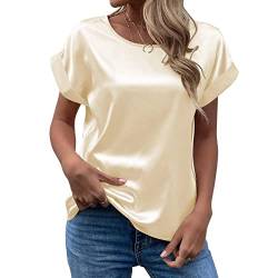 CGGMVCG Damen Sommer Tops Frühling Sommer Damen Kurzarm Seide Satin Hemd Lose Casual Rundhals Blusen, Beige, Klein von CGGMVCG