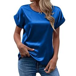 CGGMVCG Damen Sommer Tops Frühling Sommer Damen Kurzarm Seide Satin Hemd Lose Casual Rundhals Blusen, Blau, Groß von CGGMVCG