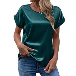 CGGMVCG Damen Sommer Tops Frühling Sommer Damen Kurzarm Seide Satin Hemd Lose Casual Rundhals Blusen, Dunkelgrün, Mittel von CGGMVCG