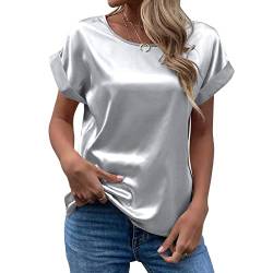 CGGMVCG Damen Sommer Tops Frühling Sommer Damen Kurzarm Seide Satin Hemd Lose Casual Rundhals Blusen, Grau, Mittel von CGGMVCG