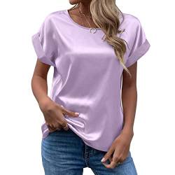 CGGMVCG Damen Sommer Tops Frühling Sommer Damen Kurzarm Seide Satin Hemd Lose Casual Rundhals Blusen, Helles Lila, X-Groß von CGGMVCG