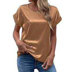 CGGMVCG Damen Sommer Tops Frühling Sommer Damen Kurzarm Seide Satin Hemd Lose Casual Rundhals Blusen, Khaki, Mittel von CGGMVCG