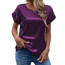 CGGMVCG Damen Sommer Tops Frühling Sommer Damen Kurzarm Seide Satin Hemd Lose Casual Rundhals Blusen, Lila, Mittel von CGGMVCG