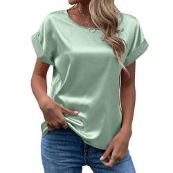 CGGMVCG Damen Sommer Tops Frühling Sommer Damen Kurzarm Seide Satin Hemd Lose Casual Rundhals Blusen, Minzgrün, Groß von CGGMVCG