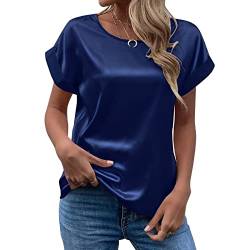 CGGMVCG Damen Sommer Tops Frühling Sommer Damen Kurzarm Seide Satin Hemd Lose Casual Rundhals Blusen, Navy Blau, XX-Large von CGGMVCG