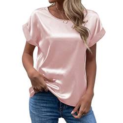 CGGMVCG Damen Sommer Tops Frühling Sommer Damen Kurzarm Seide Satin Hemd Lose Casual Rundhals Blusen, Rosa, Groß von CGGMVCG