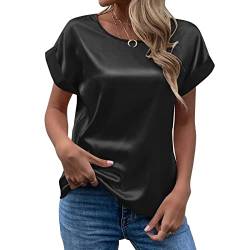 CGGMVCG Damen Sommer Tops Frühling Sommer Damen Kurzarm Seide Satin Hemd Lose Casual Rundhals Blusen, Schwarz, X-Groß von CGGMVCG