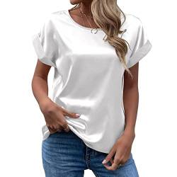 CGGMVCG Damen Sommer Tops Frühling Sommer Damen Kurzarm Seide Satin Hemd Lose Casual Rundhals Blusen, Weiß, Mittel von CGGMVCG