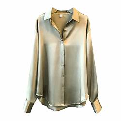 CGGMVCG Damen Tops Sommer Casual Lose Button Down Shirts Langarm Einfarbig Seide Satin Bluse Shirt für Damen, Grün , X-Groß von CGGMVCG