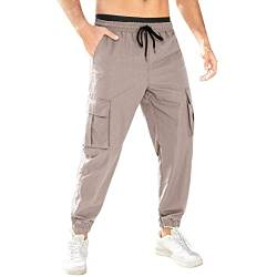 CGGMVCG Herren-Cargohose für Herren, Cargohose, lässig, einfarbig, zum Binden an den Seiten, mehrere Taschen, lange Hose, lässige Hose für Herren, Khaki, Medium von CGGMVCG