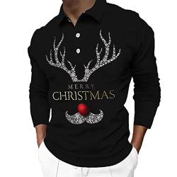 CGGMVCG Herren-Poloshirt, Weihnachtsprint, lässig, Winter, Knopfleiste, Umlegekragen, Schwarz , L von CGGMVCG