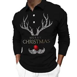CGGMVCG Herren Weihnachten Polo Shirt Weihnachten Druck Winter Casual Knöpfe Umlegekragen Bluse Herren Weihnachten T-Shirts, Z01 Schwarz, L von CGGMVCG