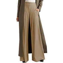 CGGMVCG Hose mit weitem Bein für Damen, hohe Taille, weites Bein, einfarbig, plissiert, lässige Hose, Taschen, Palazzo-Hose für Damen, Khaki, XX-Large von CGGMVCG